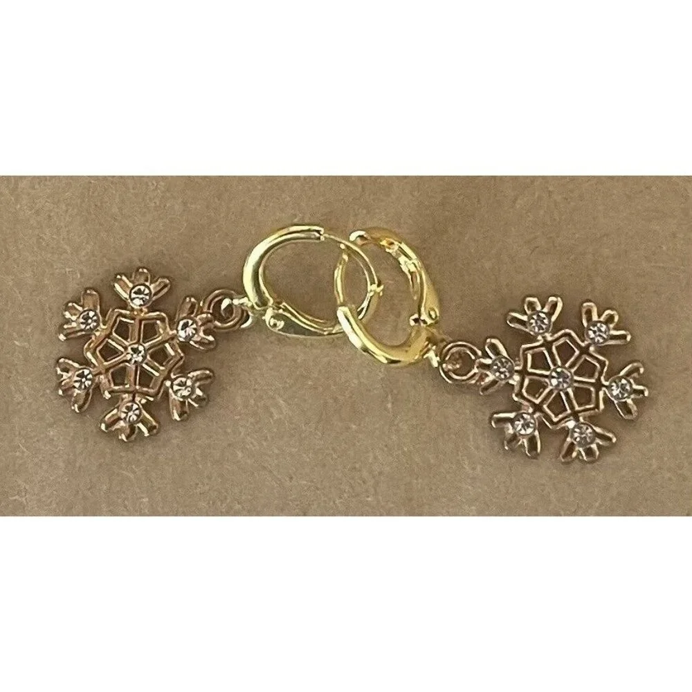 Snowflake Dangle Earrings Gold Tone Rhinestone‎ Holiday Winter Christmas